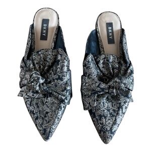 DKNY Black Silver Mule Pointy Brocade Victorian Bridgerton Holiday maximalist